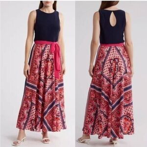 ELIZA J Paisley Scarf Print Belted Maxi Dress Size 6 Navy Pink Jersey Summer Fun
